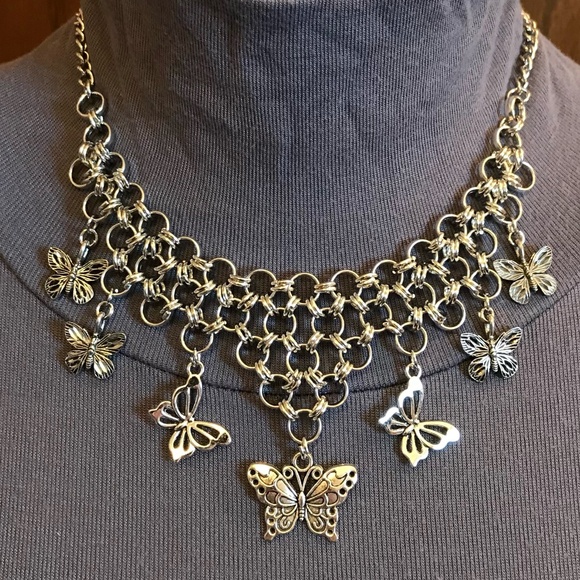 "Gothic Flutter" Handmade Goth Silver Butterflies Chainmail Choker Necklace Punk - Picture 7 of 16